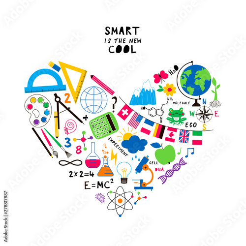 School items in heart shape flat vector t shirt print. Art class tools, office stationery illustration. Children education and learning. Ruler, flags, calculator, flasks cartoon design element
