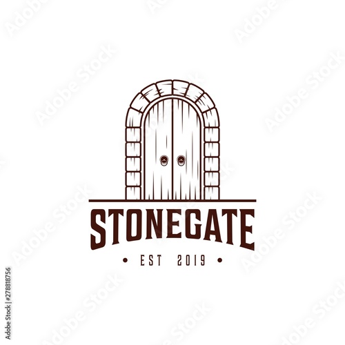 Stone gate logo design template.door with stone architecture icon vector
