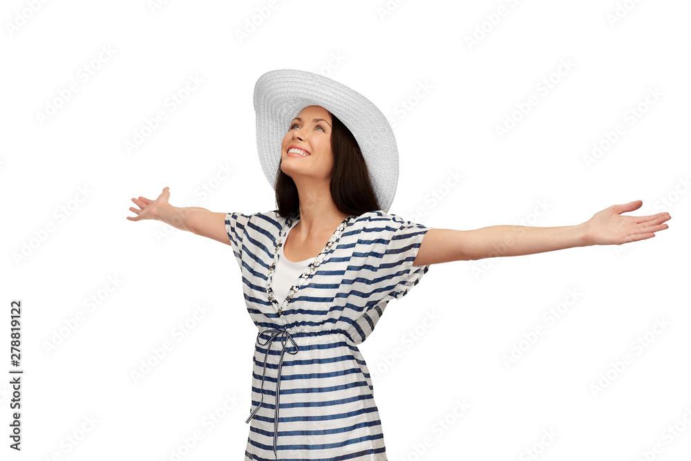 fashion, beach style and people concept - happy young woman in striped tunic and sun hat enjoying summer fashion, beach style and people concept - happy young woman in striped tunic and sun hat enjoying summer