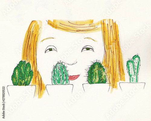 Girl with four cactuses in pots