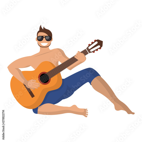 The guy plays the guitar in the hiking