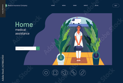 Medical insurance template -home medical assistance -modern flat vector concept digital illustration -nurse standing at the private residence entrance door Home medical service, part of insurance plan