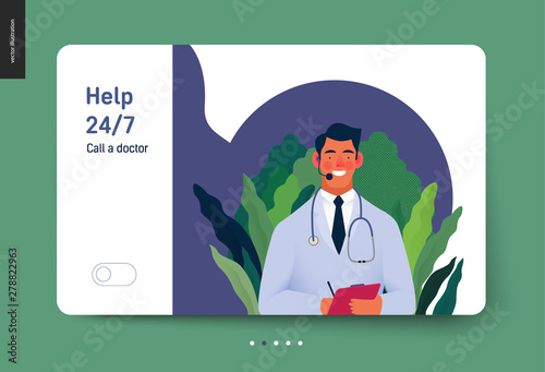 Medical insurance template -help 24 per 7, call us -modern flat vector concept digital illustration of male doctor with headset talking on the phone for a medical consultation. Medical company service