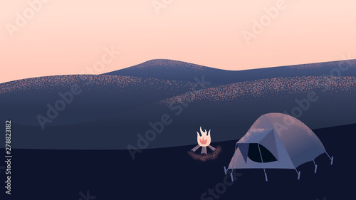 A tent and a campfire in mountains. Landscape illustration with grainy texture. Concept of discovery, hiking, adventure tourism, camping and travel. Flat vector illustration.