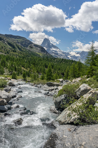 landscape in the Zermatt area with Findel Creek in the foreground and famous mount Matterhorn in the background, Canton Valais,Wallis,Switzerland © Uwe