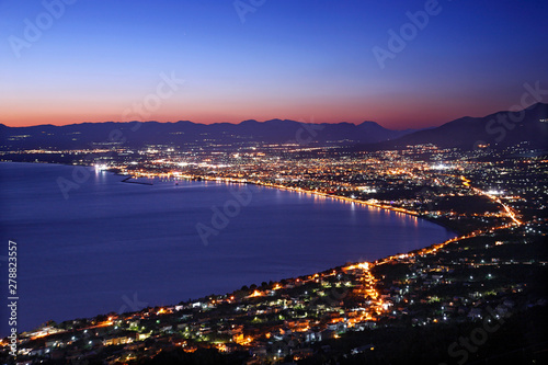 KALAMATA, GREECE. Panoramic night view of the capital of Messinia Prefecture, Peloponnese.