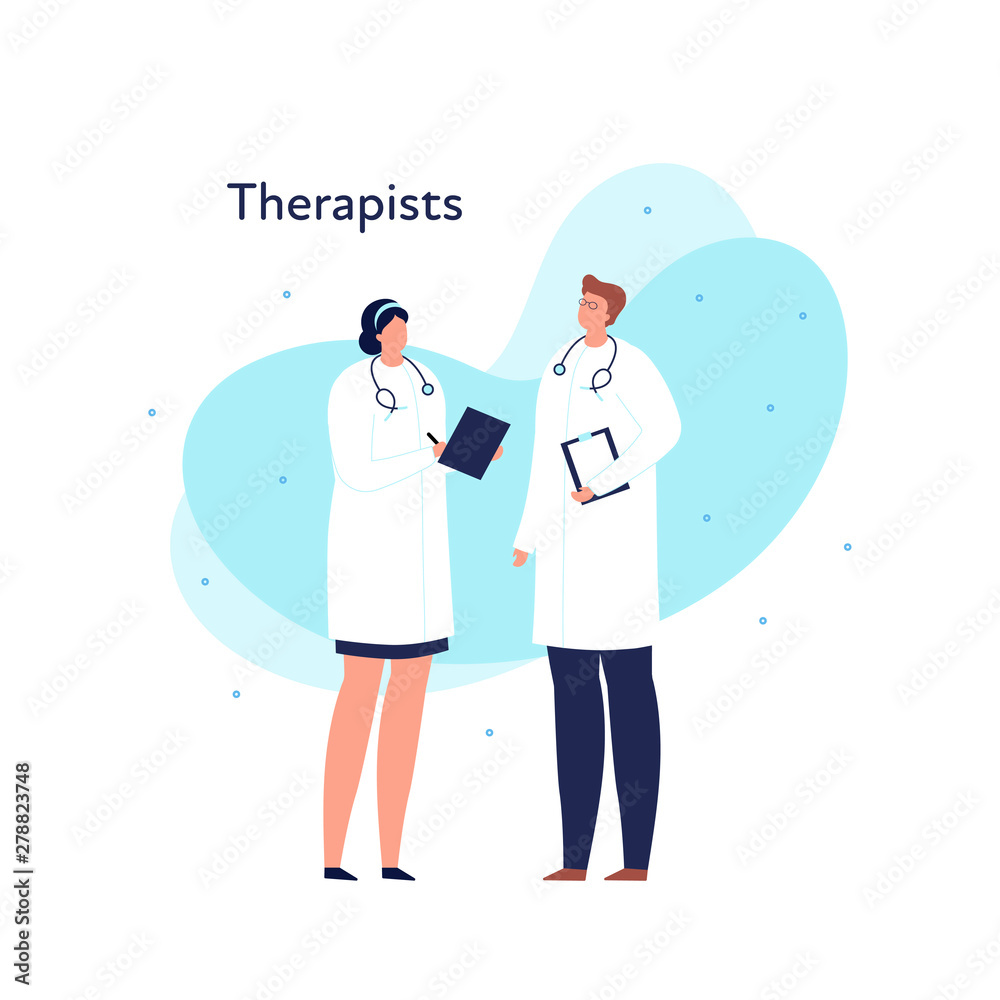Obraz premium Vector modern flat doctor profession person illustration. Male and female medic with stethoscope meeting with memphis fluid shape isolated on white background. Design element of therapy department