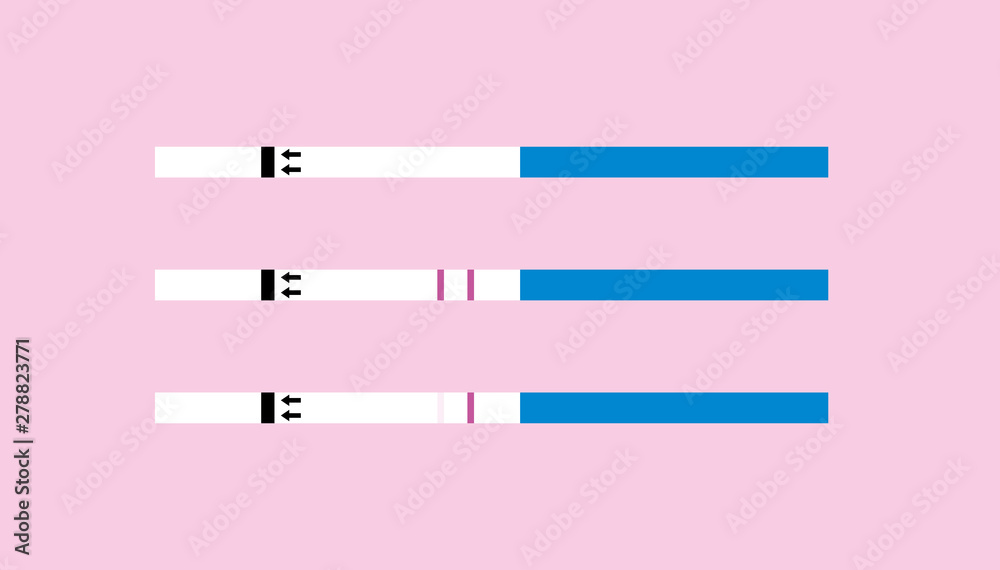 Vector modern flat pregnancy test kit. Set of stick tests unused, positive and negative isolated on pink background. Design element for banner, poster, infographic, medical clinic advertisment Vector modern flat pregnancy test kit. Set of stick tests unused, positive and negative isolated on pink background. Design element for banner, poster, infographic, medical clinic advertisment