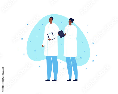 Vector modern scientist character illustration. Team of black skin male and female in white coat holding notepad on blue shape isolated on white background Design element for web, report, presentation