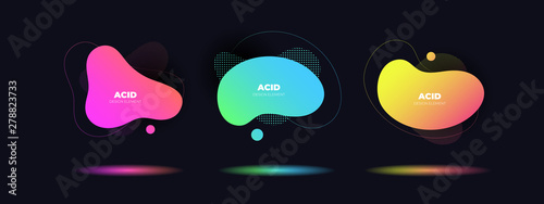 Set of vector abstract fluid shape banner template. Modern style colorful acid fluid shapes with color shadow isolated on black background. Orange, green, blue, pink colors. Design for presentation.