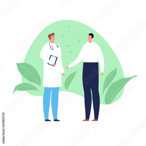 Vector modern flat doctor and patient illustration. Medic with stethoscope and male consulting on green fluid shape with leaf isolated on white background. Design element healtcare, medical clinic.
