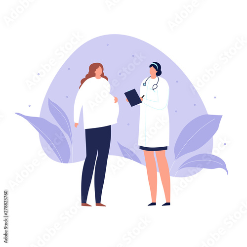 Vector modern flat doctor and patient illustration. Female medic talking with pregnant woman on blue liquid shape isolated on white background. Design element healtcare, medical clinic, gynecology