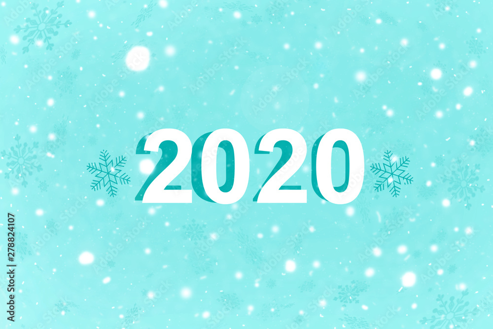 The inscription 2020 on a blue background with snowflakes. New year 2020. New year background, copy space.