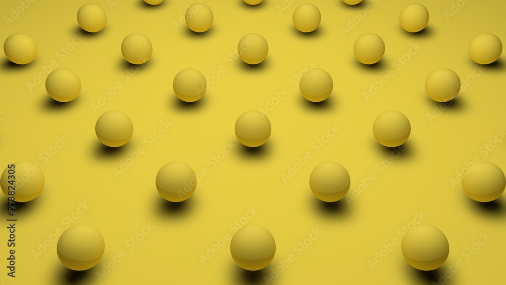 3D rendering of a set of spherical objects of yellow color with a wavy surface, on a yellow matte background. Image for the desktop background. Abstract, 3D illustration of futuristic design.