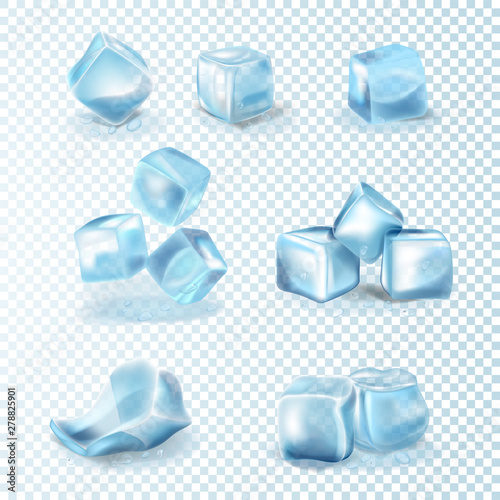Set of transparent ice cubes. Frost and cold 3d realistic vector mesh