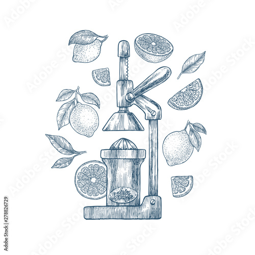 Citrus juice squeezer and lemons. Engraved  vintage style illustration. Vector illustration photo