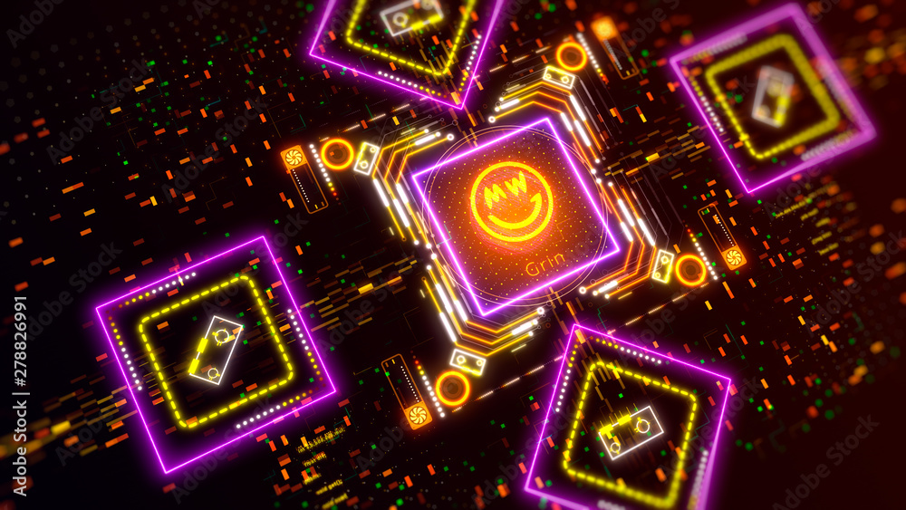 Obraz premium Neon Smiley Emoji symbol. Grin cryptocurrency sign concept