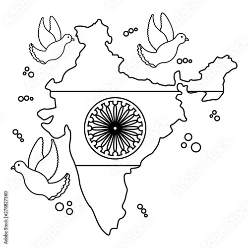 indian flag map and ashoka chakra with doves flying photo
