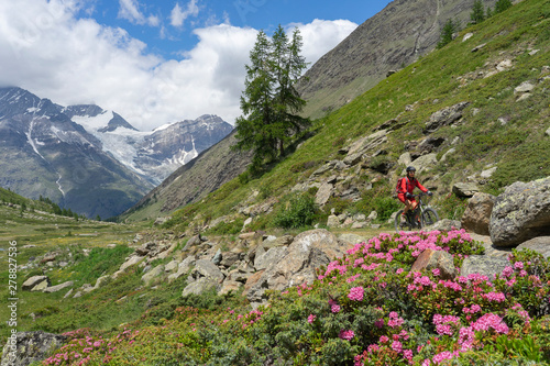 nice and ever young senior woman riding her electric mountainbike up to the Taeschalp, near Zermatt, Cantone Valais, Wallis, Switzerland photo