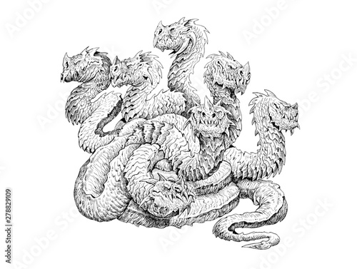 Lernaean Hydra - mythological creature. Multi headed dragon drawing. Fearsome monster. photo