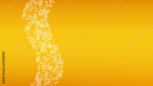 Beer background. Craft lager splash. Oktoberfest foam. Bavarian pint of ale with realistic white bubbles. Cool liquid drink for pub banner template. Orange bottle with beer background.