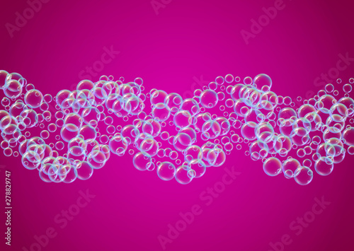 Detergent foam. Soap bath bubble and suds for bathtub. Shampoo. Bright fizz and splash. Realistic water frame and border. 3d vector illustration concept. Purple colorful liquid detergent foam