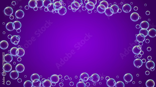 Fizz background with shampoo foam and soap bubbles. Vibrant spray and splash. Realistic water frame and border. 3d vector illustration design. Purple colorful liquid fizz.