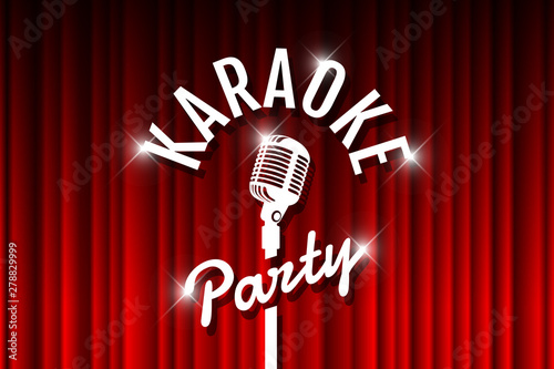Karaoke party night live show open mic on empty theatre stage. Vintage microphone against red curtain drape backdrop. Retro vector art image illustration
