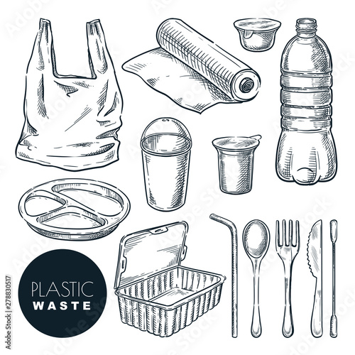 Plastic waste, vector sketch illustration. Hand drawn garbage and trash items. Nonrecyclable material and goods icons
