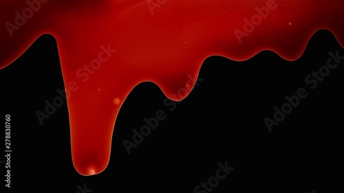 Blood dripping down from the top of the screen and covering all. Black background, blood foreground, could be used as a transition or title sequence for horror.