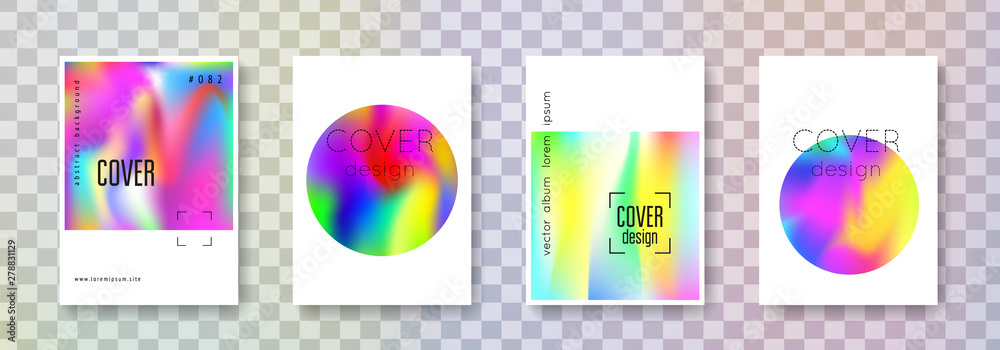 Holographic flyer set. Abstract backgrounds. Neon holographic flyer with gradient mesh. 90s, 80s retro style. Iridescent graphic template for book, annual, mobile interface, web app.