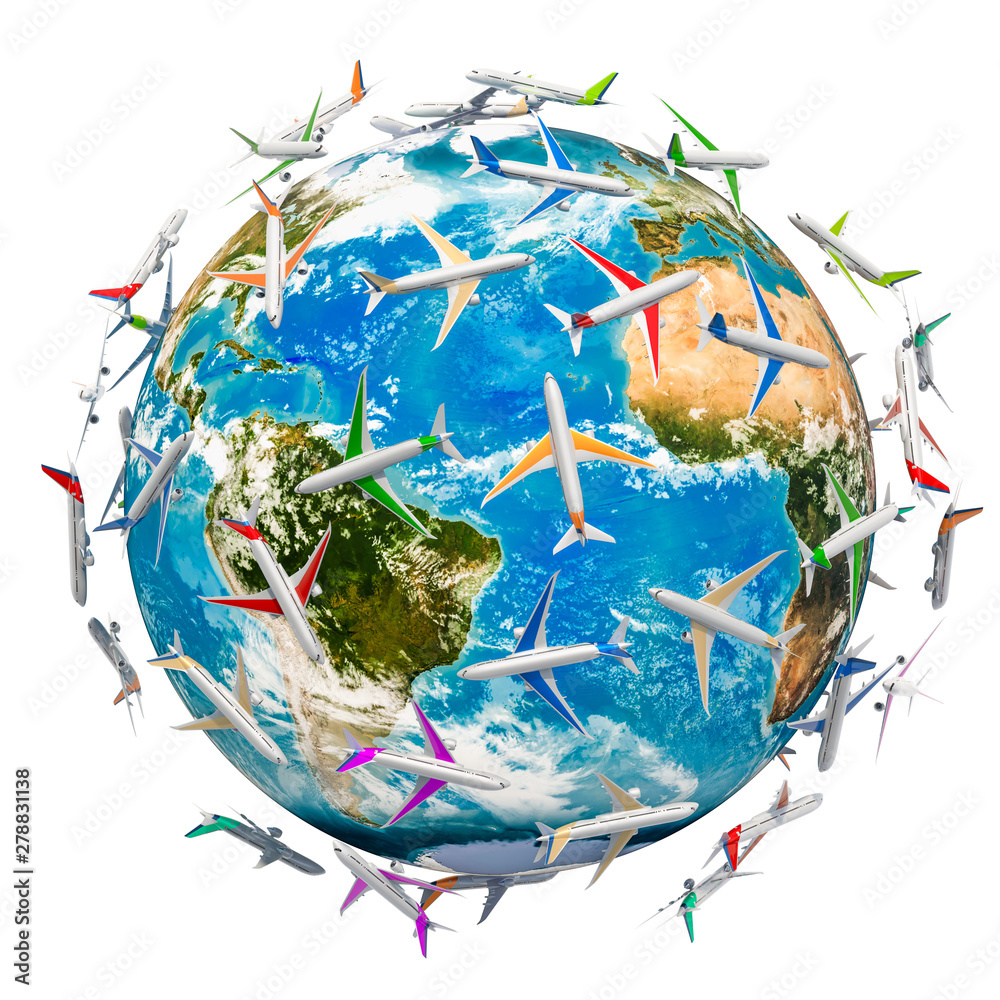 Global Air Travel concept. Airplanes around the Earth Globe, 3D ...