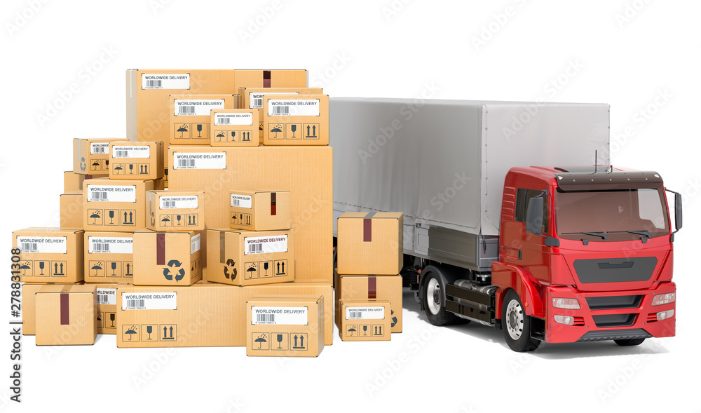 Truck with parcels. Freight transportation, delivery concept. 3D rendering Truck with parcels. Freight transportation, delivery concept. 3D rendering