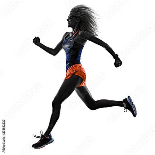 one caucasian beautiful long blond hair woman runner jogger jogging running studio shot isolated on white background
