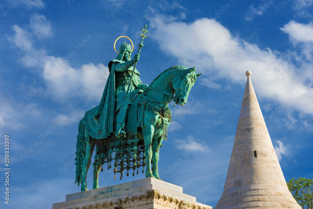 Bronze equestrian statue of Saint Stephen, King of Hungary, erected in 1906 in Fisherman's Bastion Square, in Budapest
