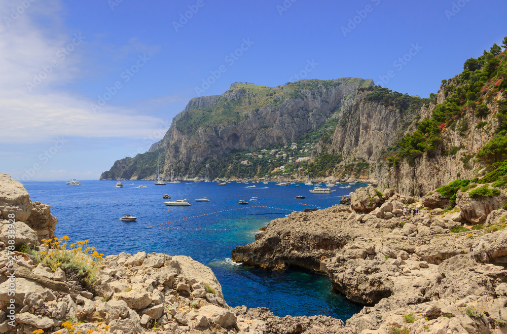 Panoramic view of Marina Piccola and Tyrrhenian sea in Capri island - Italy	