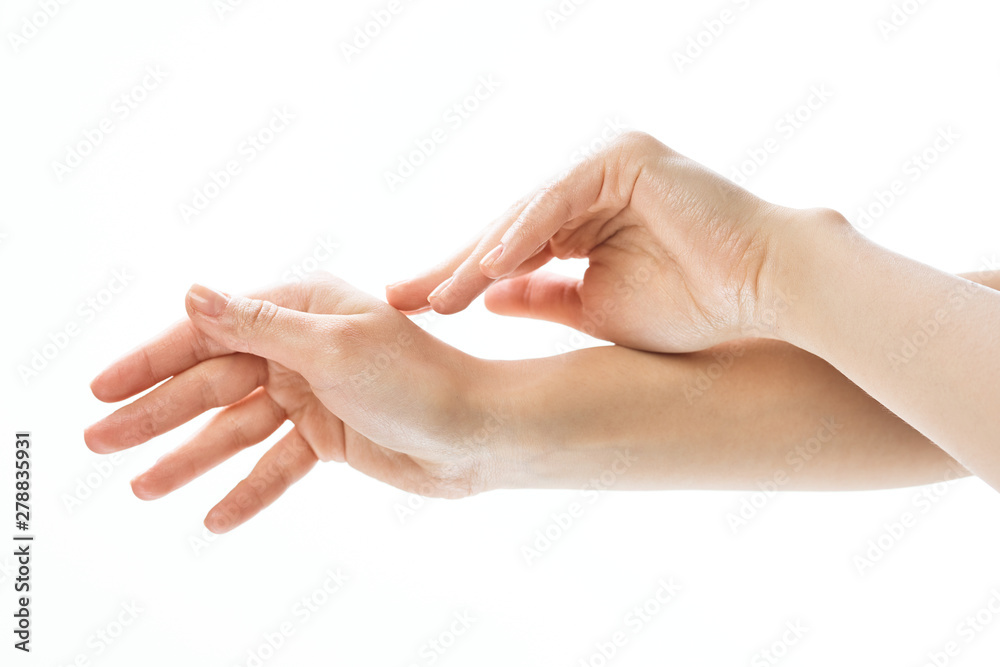 woman hands with cream isolated on white woman hands with cream isolated on white