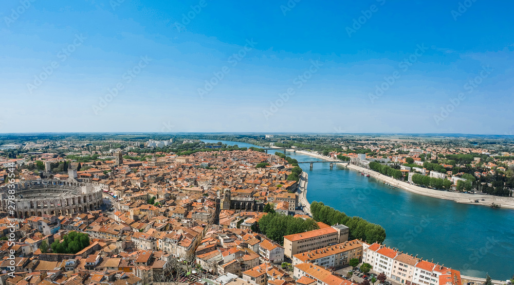 Panorama of ancient town Arles in Provence and Cote d'Azur, France, South Europe. Famous tourist destination with old Roman Artena