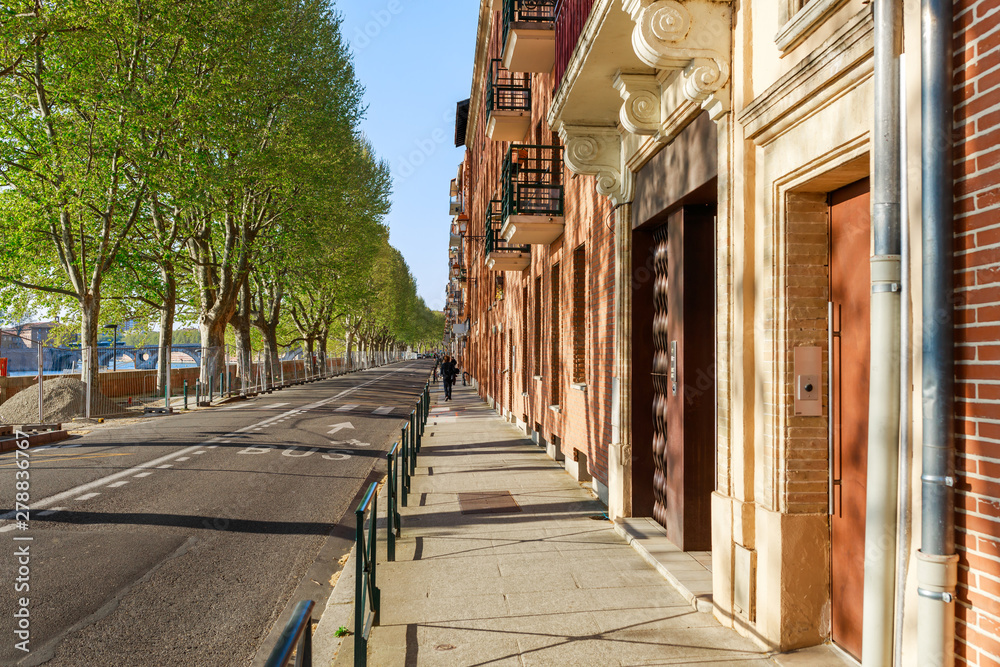 Obraz premium French ancient town Toulouse and Garonne river panoramic view. Toulouse is the capital of Haute Garonne department and Occitanie region, France, South Europe. Famous city and tourist destionation.