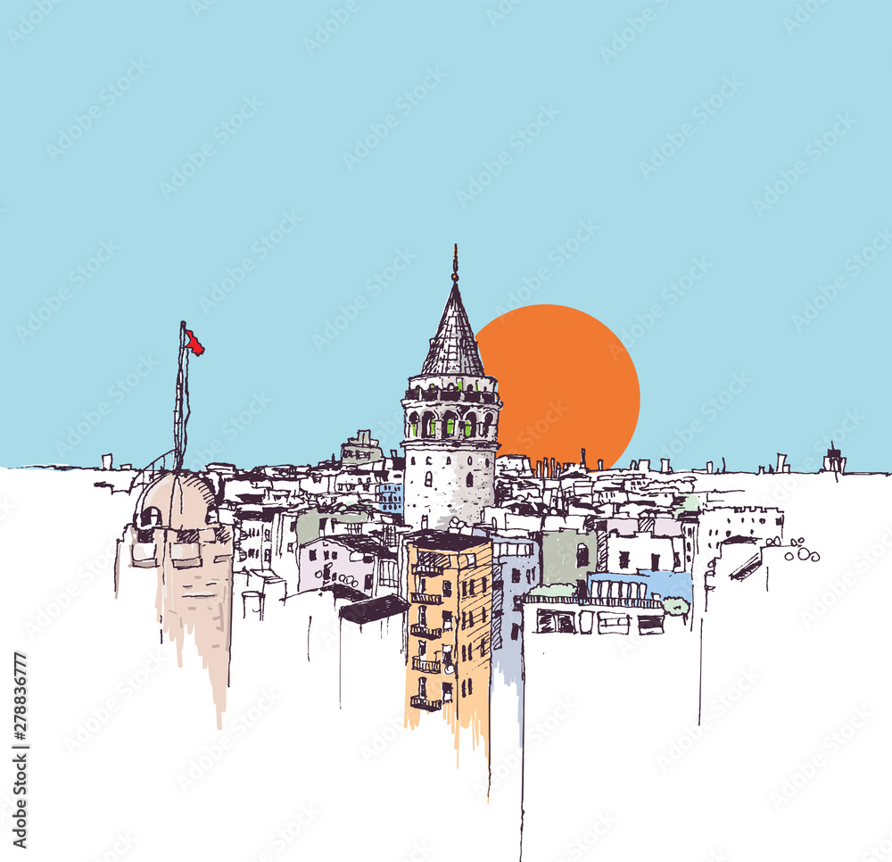 Drawing sketch illustration of the Galata Tower, Istanbul