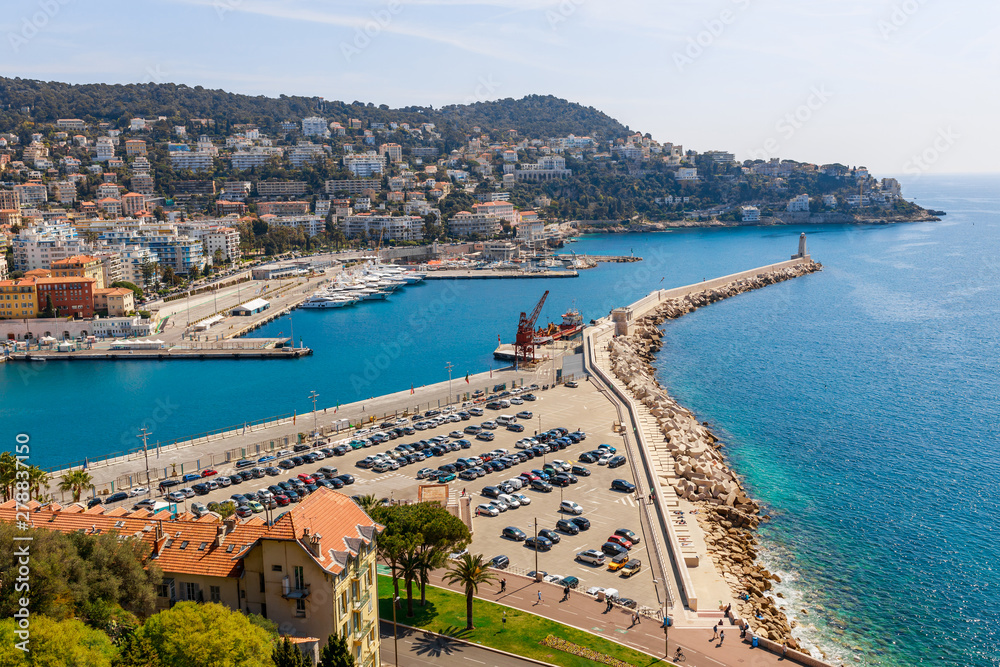 Landscape panoramic view of Nice, Cote d'Azur, France, South Europe. Beautiful city and luxury resort of French riviera. Famous tourist destination with nice beach on Mediterranean sea