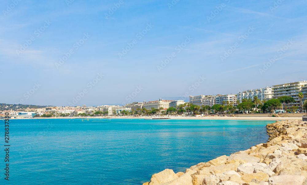 Panorama of Cannes, Cote d'Azur, France, South Europe. Nice city and luxury resort of French riviera. Famous tourist destination with nice beach and Promenade de la Croisette on Mediterranean sea
