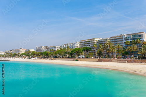 Panorama of Cannes, Cote d'Azur, France, South Europe. Nice city and luxury resort of French riviera. Famous tourist destination with nice beach and Promenade de la Croisette on Mediterranean sea photo