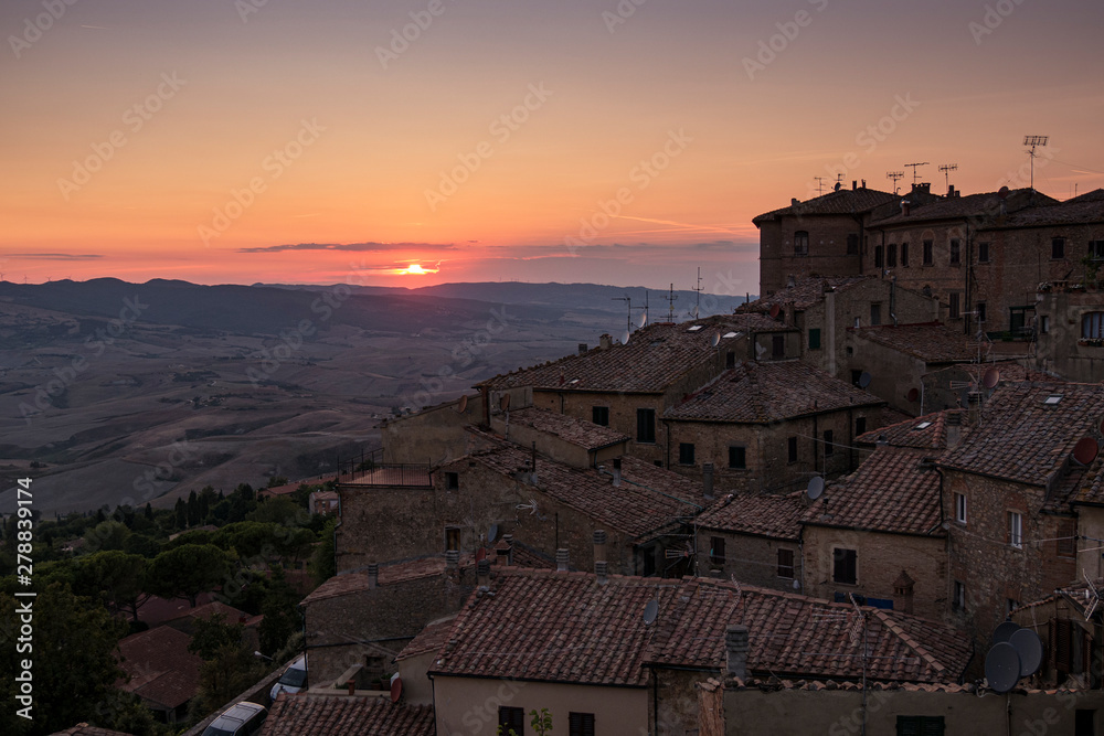 Landscape from the town of Volterra, in Tuscany, at sunset