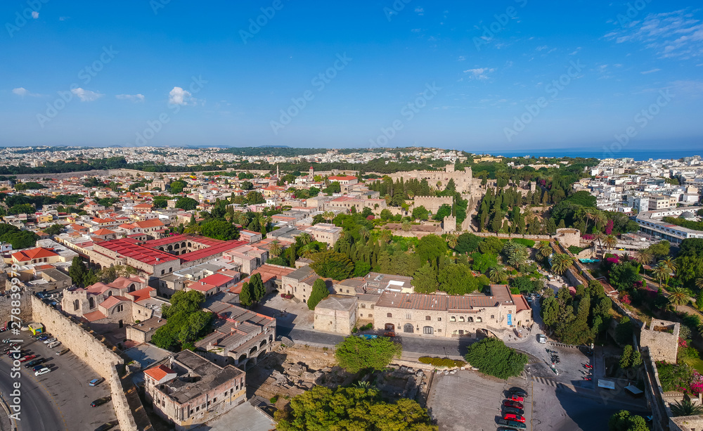 Aerial birds eye view drone photo Rhodes city island, Dodecanese, Greece. Panorama with ancient old fortress and Palace of the Grand Master of the Knights. Famous tourist destination in South Europe Aerial birds eye view drone photo Rhodes city island, Dodecanese, Greece. Panorama with ancient old fortress and Palace of the Grand Master of the Knights. Famous tourist destination in South Europe