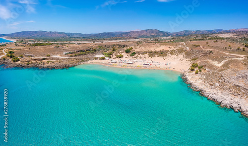 Aerial birds eye view drone photo Agia Agathi beach near Feraklos castle on Rhodes island, Dodecanese, Greece. Panorama with sand beach and clear blue water. Famous tourist destination in South Europe © oleg_p_100