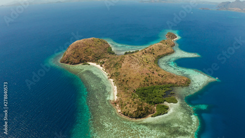 Aerial drone tropical island with lagoons and coral reef, beach, in the blue and clear water. Dinanglet, Philippines, Palawan. Tropical landscape with blue lagoon, coral reef. travel concept
