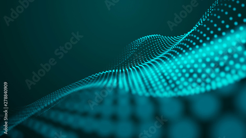 Wave with connecting dots and lines on dark background. Wave of particles. Data technology illustration.