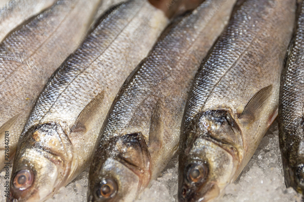 Chilled fish lying on the ice on the counter in the supermarket, close-up. Chilled fish lying on the ice on the counter in the supermarket, close-up.