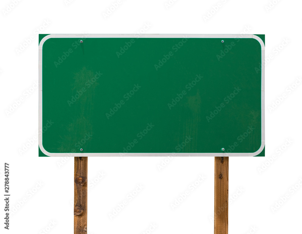 Blank Green Road Sign with Wooden Posts Isolated on a White Background Blank Green Road Sign with Wooden Posts Isolated on a White Background